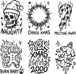 Fototapeta premium Y2K Streetwear Edgy Christmas Skull Tattoo Flash Minimal Line Art Vector Bundle
