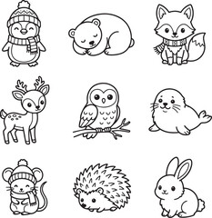 Fototapeta premium Kawaii winter animal stickers clipart set cute baby polar bear penguin line art pack