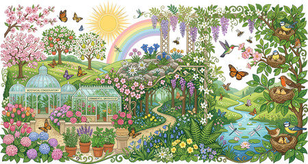 Obraz premium Botanical conservatories anchor a lush landscape featuring winding paths, wisteria archways, vegetable patches, and diverse birdlife in a sunny spring setting.