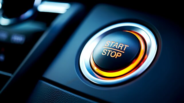 Car engine start stop button with illuminated modern vehicle interior