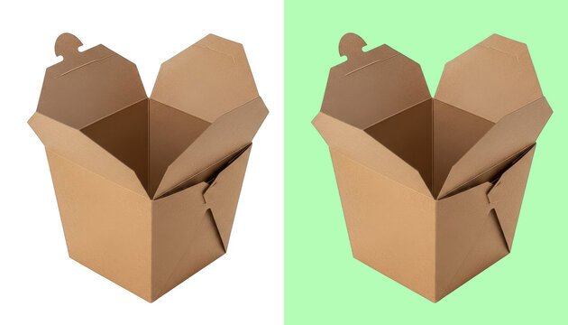 Empty cardboard takeout container with lid isolated on transparent background