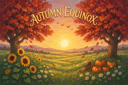 Beautiful autumn equinox landscape illustration with golden sunset trees sunflowers and pumpkins in a rural field