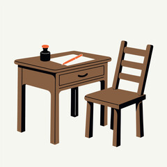 Fototapeta premium Minimal vintage wooden study desk and classic chair vector illustration with books and ink bottle, flat design, bold black outlines, retro furniture, clean geometric shapes