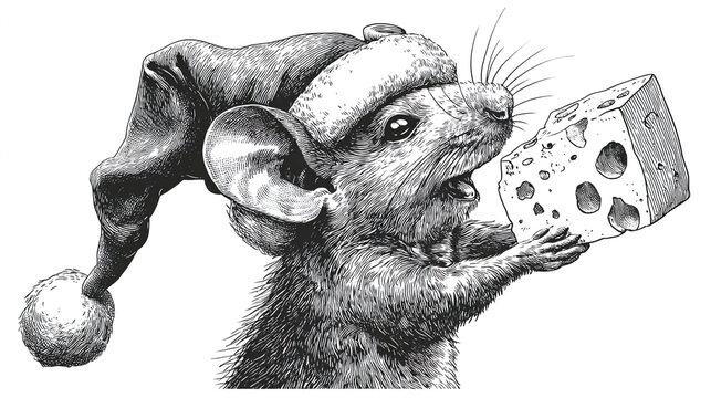 Vintage ink illustration of a mouse wearing a nightcap holding cheese.