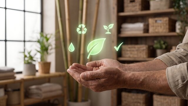 Eco-friendly home living concept, hands holding glowing leaf with recycle, sprout, drop, checkmark icons indoors, sustainability, zero waste, green lifestyle and environmental care