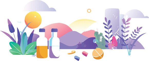 Obraz premium Abstract health medical vector landscape illustration with medicine bottles pills and purple hills background