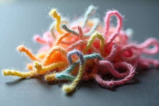 Close-up of colorful tangled yarn strands with soft texture in pastel colors showcasing fiber details for crafting and textile projects