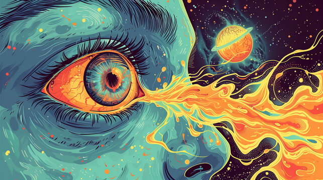 Surreal zine comic illustration of a giant eye streaming fiery cosmic energy toward a ringed planet in deep space
