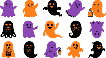 Naklejka premium Set of Colorful Cute Halloween Ghost Vector Illustrations with Spooky Cartoon Characters