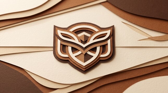 Layered Paper Cut Abstract Owl Logo on Brown Geometric Background
