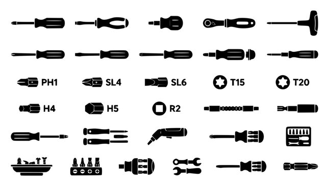 Screwdriver set and drive bit types icon set featuring phillips slotted torx hex robertson bits ratchet driver electric screwdriver and tool case