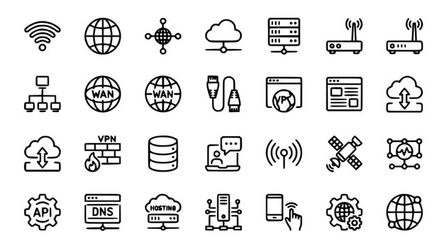 Computer Network and Cloud Server Line Icon Set Featuring Wireless Routers Datacenters Firewalls Satellite Communication and Global Connection Vectors for IT Infrastructure