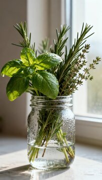 fresh basil, rosemary and thyme in a glass jar with water, soft natural window light, detailed leaves and condensation, aromatic and fresh