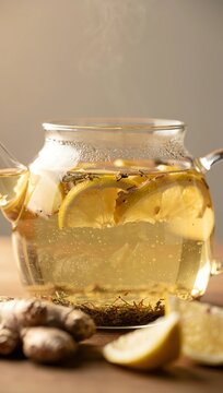 herbal infusion with fresh ginger and lemon in a glass teapot, gentle steam rising, warm soft lighting, calming wellness mood