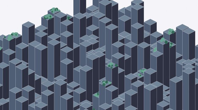 Sustainable Smart City 2.5D Blocks with Rooftop Gardens - Corporate Slate and Professional Greenery