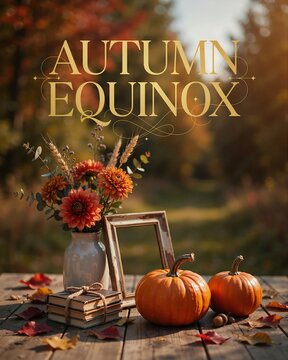 Autumn equinox seasonal background with pumpkins flowers and vintage picture frame on a rustic wooden table