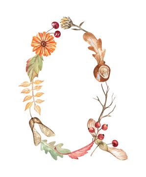 Watercolor autumn letter Q created from botanical elements isolated on transparent background