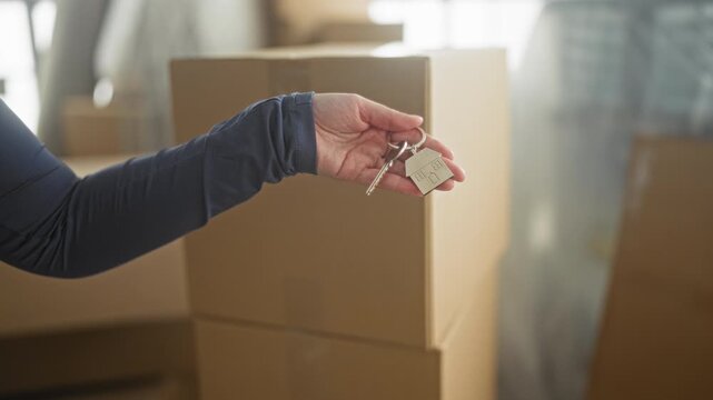 Woman hand holding keys with a house keychain over stacked moving boxes in building; anticipation new home.