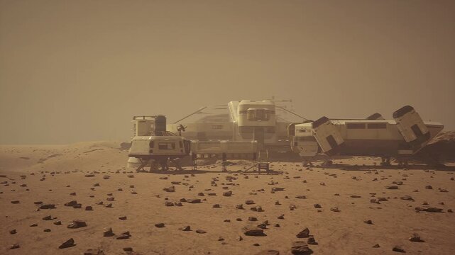 Mars engineer performing EVA maintenance, suited technician adjusting solar panel with wrench, tethered to habitat ramp, windblown dust, focused procedure,