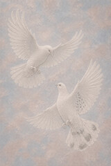 Fototapeta premium Two peace doves in flight with embossed relief-look plaster texture design on dusty blue and blush background