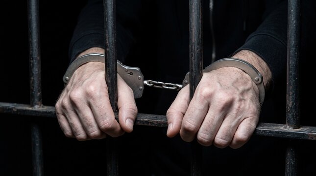 Man in handcuffs holding metal cage bar in dark prison cell. Criminal arrested by police in jail.