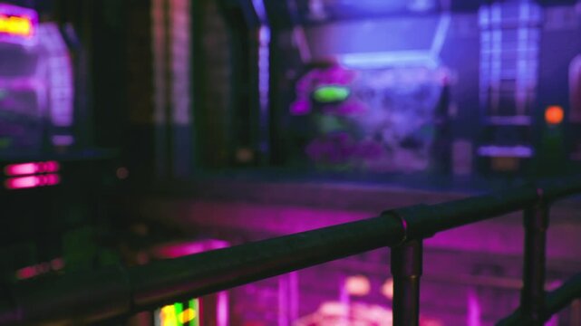 Industrial Osaka loft passage bathed in neon, mezzanine rail and exposed pipes, moody bluepurple wash, empty corridor leading to glowing storefront, atmospheric