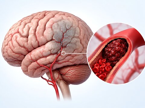 Ischemic Stroke and Cerebral Artery Blood Clot Medical Illustration Showing Blocked Brain Vessel, Reduced Blood Flow, Brain Tissue Damage, Thrombosis and Cerebrovascular Disease