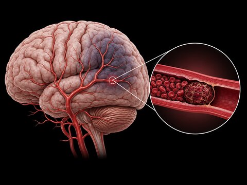 Ischemic Stroke Caused by Blood Clot Blocking Cerebral Artery On Black Background 