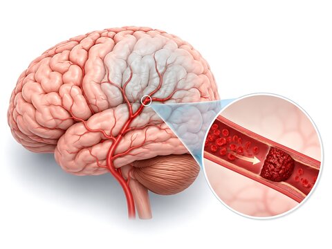Ischemic Stroke Blood Clot Blocking Cerebral Artery in Human Brain