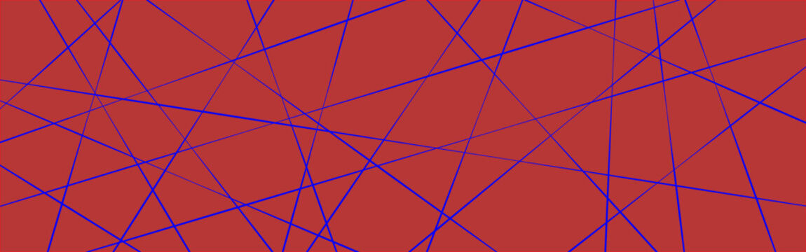 Abstract Chaotic Blue Line Pattern on Red Background Modern Geometric Design. Random Intersecting Blue Lines Abstract Background with Minimal Geometric Style.