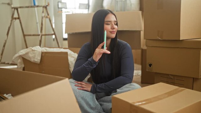 Young hispanic woman sitting crosslegged holding pen to lips among stacked moving cardboard boxes and a ladder in a building; anticipation planning.