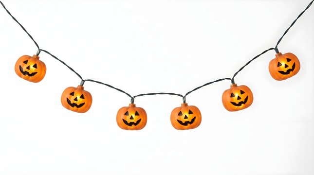 A festive string of glowing jack o lantern lights isolated on a white background perfect for a fun happy halloween party decoration