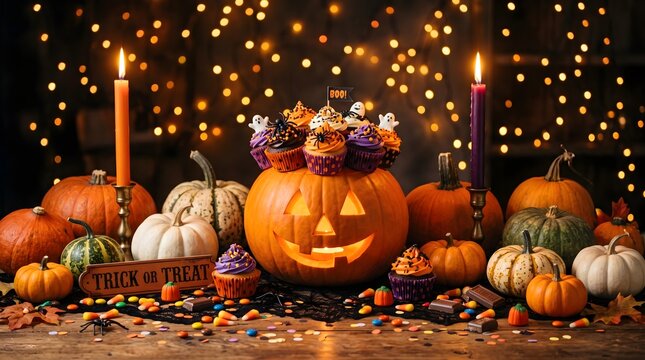 A festive happy halloween display featuring a carved jack o lantern surrounded by various pumpkins candles and twinkling fairy lights at night