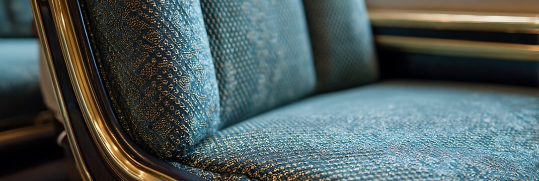 Luxury upholstered passenger seat with intricate teal and gold woven fabric featuring elegant metallic trim and plush textured cushions inside a premium travel cabin