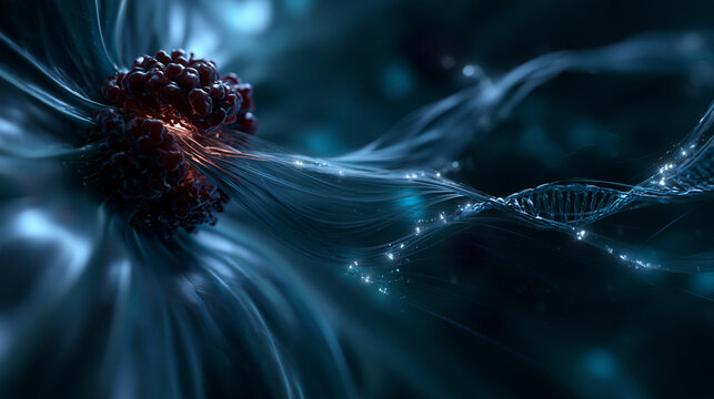 dark red hiv virus opening inside futuristic blue cellular environment, futuristic biological cell with glowing genetic strand release, hightech virology concept showing hiv genome transformation