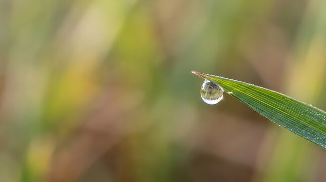 Close up of a single dewdrop on the tip of a green grass blade