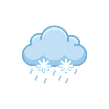 Blue cloud with both snowflakes and raindrops falling.