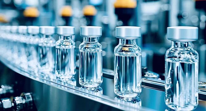 Pharmaceutical manufacturing of sterile vaccine vials moving along an automated production line in a modern factory, showcasing the advanced technology and precision required in medicine production