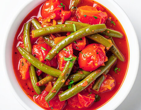 Braised green beans in stewed tomatoes, white bowl, top view. AI