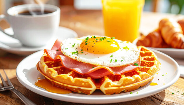 Breakfast waffle with ham and a sunny side up egg, orange juice. AI