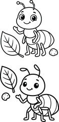 Fototapeta premium Cute cartoon ant character coloring page for kids with spot the difference puzzle worksheet features straightforward black line artwork outlines.