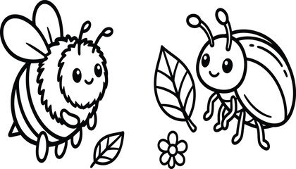 Cute bumblebee and cheerful ladybug with leaves and a small flower coloring page for kids vector sketch. © MstBaby