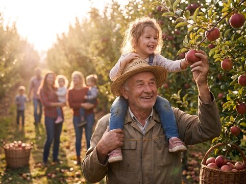 Elderly farmer and his little granddaughter pick apples together in the orchard. Organic gardening, horticulture and fruit picking concept. Lifestyle portrait for poster