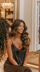 Fototapeta premium client discussing desired spray tan results with artist in salon, spray tan consultation with client facing mirror, beauty professional advising client before tanning treatment