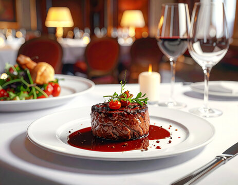 Fillet mignon steak, fine dining restaurant meal. AI