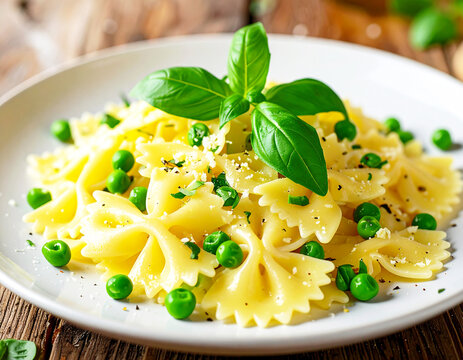 Farfalle pasta garnished with fresh basil, butter sauce and green peas. AI