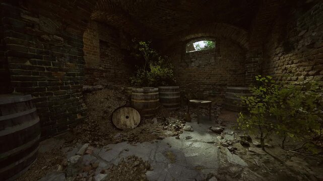 Sunlit arched cellar with wooden barrels, warm rays filtering through small high window, stacked oak barrels on mortar floor, subtle vine growth, aged brick