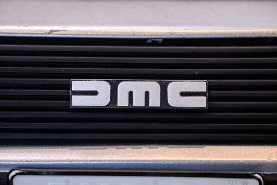 Gothenburg, Sweden - May 30 2026: DeLorean badge on brushed stainless steel hood closeup.