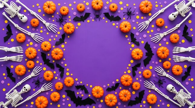 Halloween decorations with pumpkins, skeletons, and bats on purple background