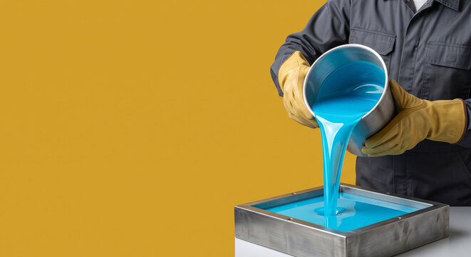 Industrial worker pouring liquid blue resin into metal mold against yellow background.